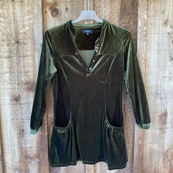 Papillon Long Sleeve Velvet Mini Shirt Dress - Picture 2 of 5